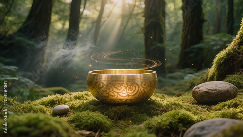 Golden singing bowl in mossy forest with soft glowing energy. Sacred meditation ritual. Zen healing background. Spiritual wellness