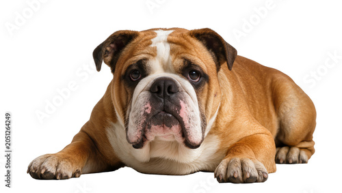 Foto English Bulldog lying down with white markings