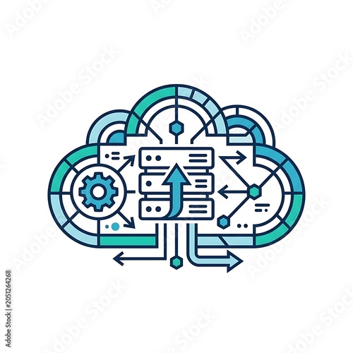 Abstract cloud computing icon with data flow and server elements white background 