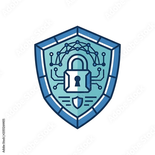 Digital shield with padlock and network connections symbolizing cybersecurity protection white background 
