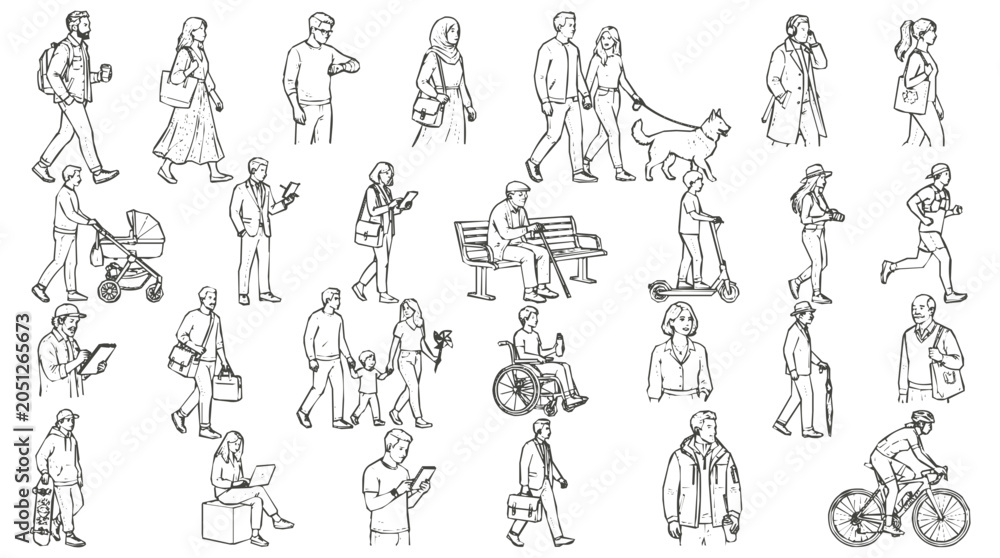 Fototapeta premium Diversity - Diverse Crowd of People and Daily Activities Sketches Featuring a Collection of Urban Lifestyle Characters in Hand-Drawn Line Art