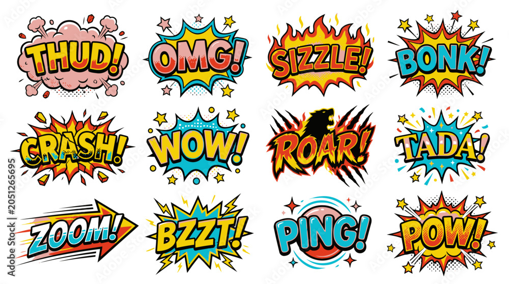 Fototapeta premium Primary colored comic book blast bubbles with roar and crash.