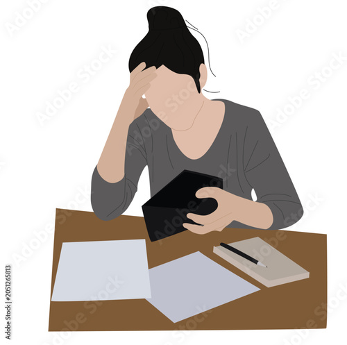 dizzy woman looking at empty wallet