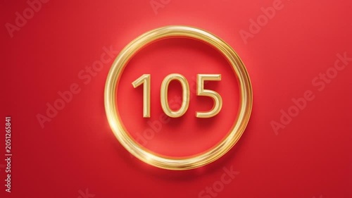 Golden Number 105 in Circle on Red Background Motion Loop