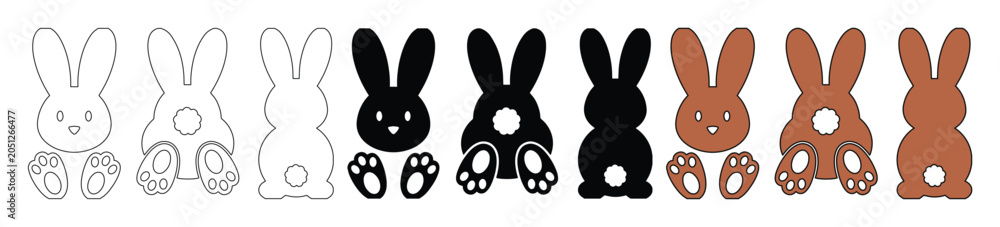 Obraz premium Cute Easter Bunny Vector Set, adorable rabbit silhouettes and outlines, perfect for holiday crafts, kids' designs, and spring celebrations, featuring black, brown, and white variations