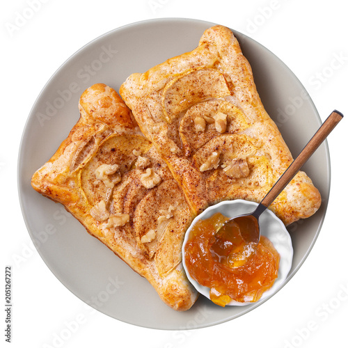 Photos Cinnamon Apple Galette with Walnut Topping: Flaky puff pastry topped with thinly sliced caramelized apples and crushed walnuts, served with a side of apricot preserves