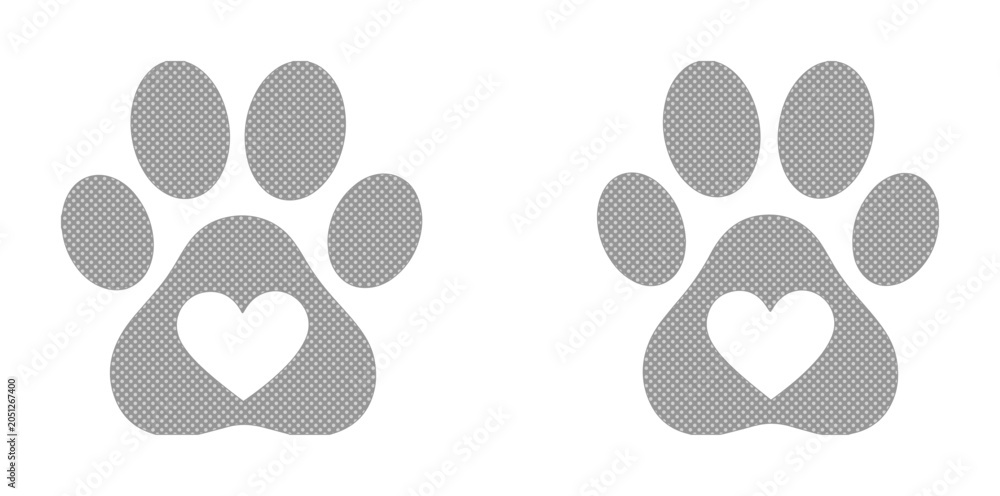 Fototapeta premium Cute pet paw print vector icon, gray animal footprint with heart symbol, adorable dog or cat paw graphic for veterinary, pet care, and animal love designs