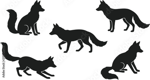 Bild auf Leinwand Set of black silhouettes of foxes in different poses isolated on white backgroun