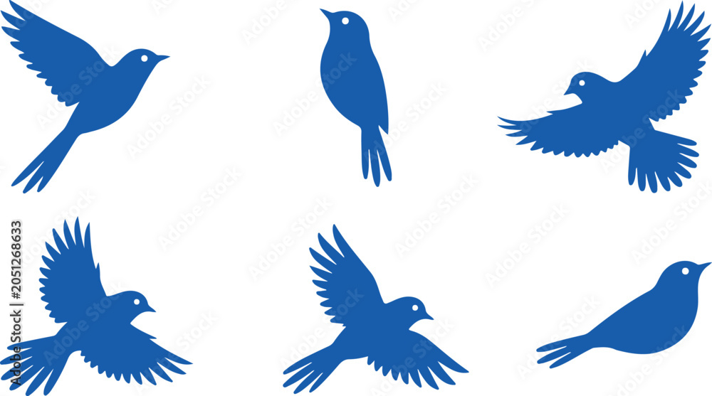 Obraz premium Set of blue bird silhouettes in different poses isolated on white background