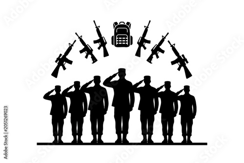 Bild auf Leinwand Military Soldier Silhouette Saluting with Assault Rifles and Gear