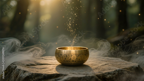 Singing bowl on stone with rising light particles. Sacred forest meditation. Zen healing ritual. Spiritual wellness background.