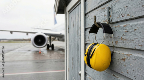 Ear protection, yellow industrial hearing protectors hanging on weathered wooden wall near airport tarmac with blurred airplane, aviation industry safety concept.