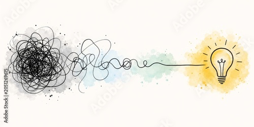 Creative illustration of a lightbulb emerging from a tangled mess of thoughts and ideas