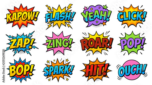 Vibrant superhero sound bubbles with kapow and flash text.