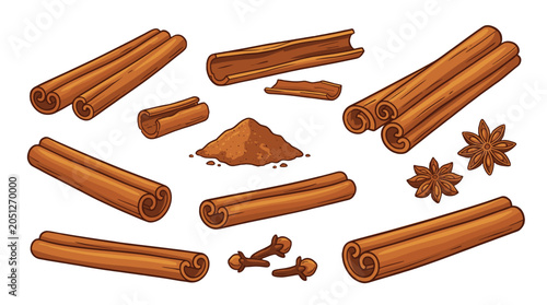 Hand drawn cinnamon sticks, powder, cloves and star anise set
