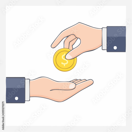 Hand giving a gold coin with dollar sign to another hand