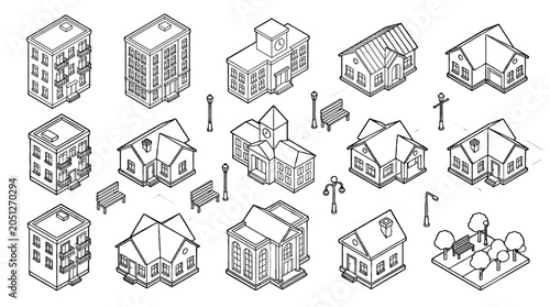 Isometric city building and street furniture outline icon set