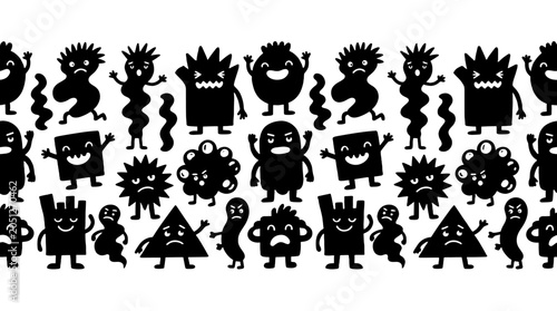 Seamless pattern of cute black cartoon monster silhouettes
