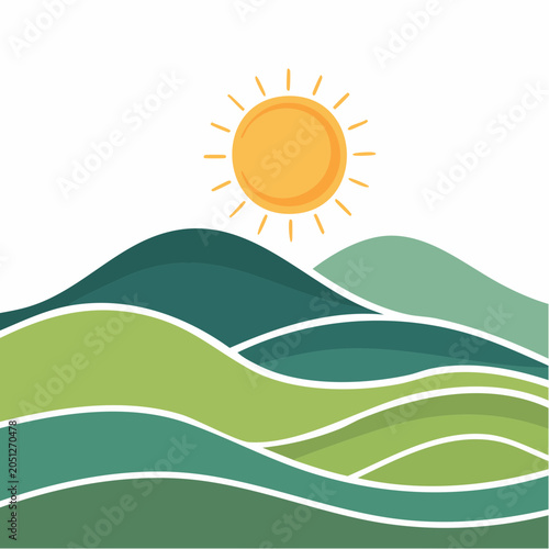 Stylized Rolling Hills Under a Bright Sun