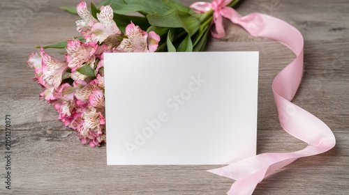 blank greeting card with flowers and ribbon, invitation mockup banner