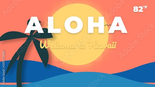 Aloha Welcome to Hawaii Tropical Animation with Sun Palm Tree and Waves