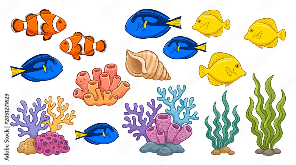 Obraz premium Colorful tropical fish coral seaweed and shell vector set