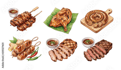 Fotografia Delicious Grilled Meat and BBQ Variety Set Watercolor Illustration of Roasted Ch