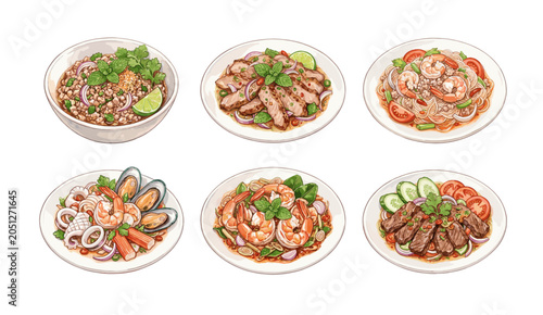 Tableau sur toile Watercolor Illustration of Various Thai Spicy Salad Dishes Set Including Larb Se