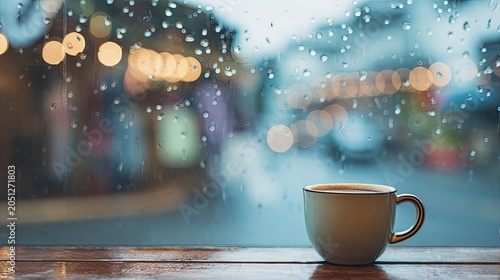 rainy day cafe window with coffee cup and blurred street