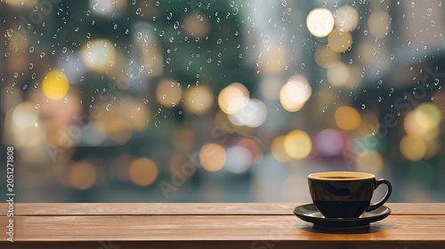 rainy day cafe window with coffee cup and blurred street