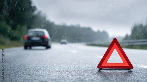 rainy road with warning triangle and generic car
