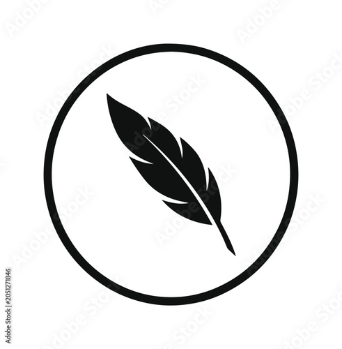 Foto Elegant black feather icon, minimalist quill pen symbol in a circular frame, sle