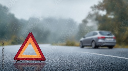 rainy road with warning triangle and generic car 