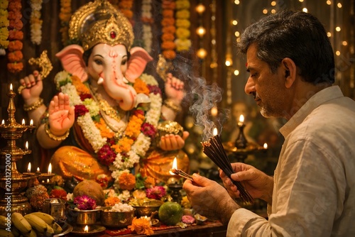 A Devout Man Performs a Traditional Home Puja, Offering Incense to a Deity in a Warm Setting