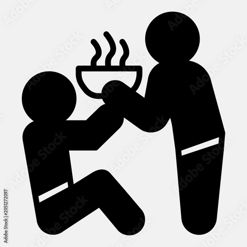 Bild auf Leinwand Men with bowl of soup solid icon, food assistance concept