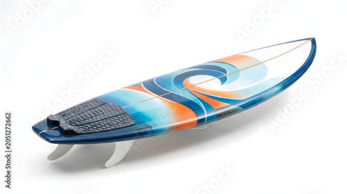 Vibrant summer surfboard with dynamic blue and orange wave art, ready for exhilarating ocean adventures and water sports, presented in a clean studio product shot
