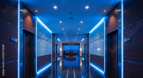 Futuristic Blue Lit Corridor Leading to Conference Room