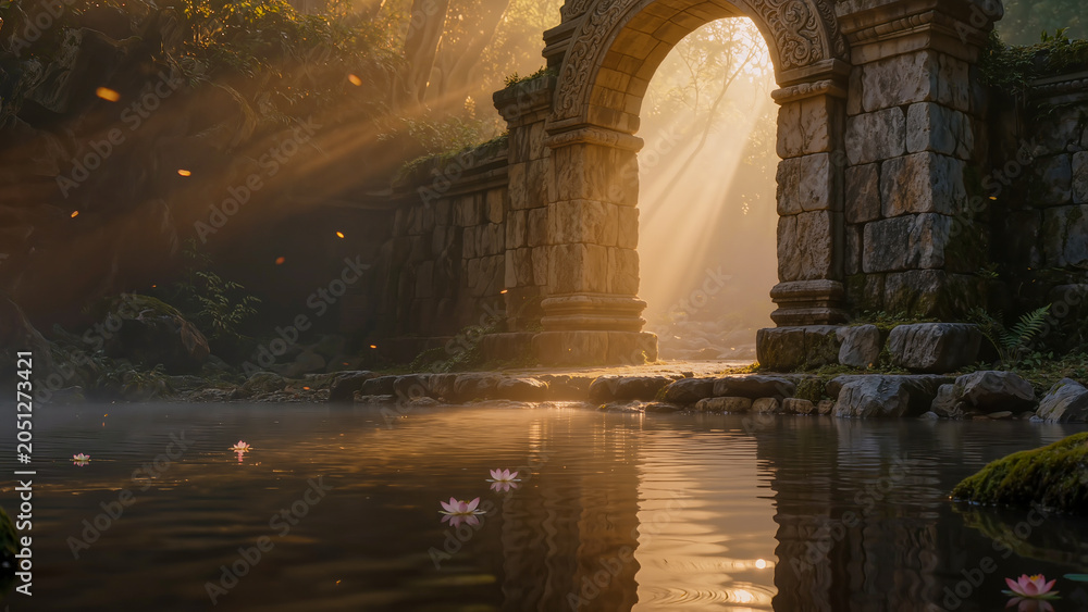 Obraz premium Ancient stone arch by lotus pond in mystical forest. Sacred temple landscape. Zen meditation background. Spiritual healing retreat