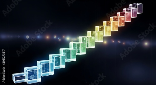 Colorful Glass Cubes Forming a Diagonal Staircase in Dark Futuristic Setting