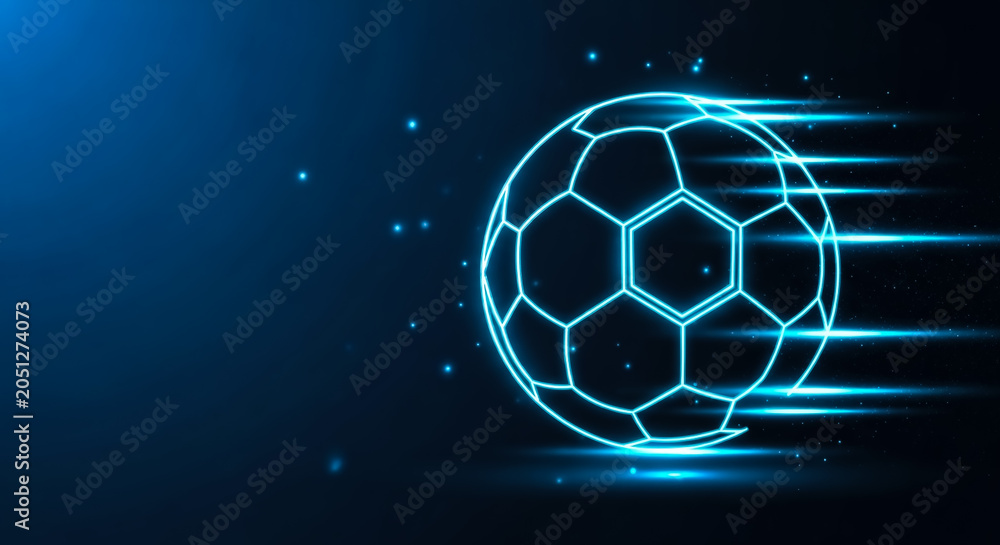 Naklejka premium A high-tech, glowing soccer ball with hexagonal panels moving at high speed, emitting bright blue light trails against a dark cosmic backdrop.