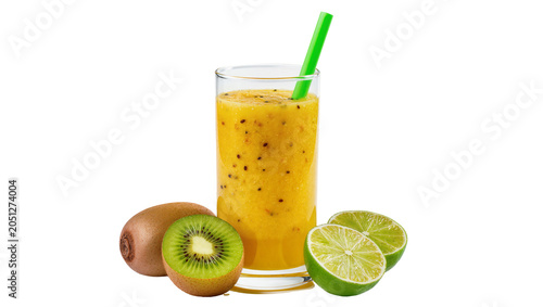 Kiwi and lime smoothie in glass with whole kiwi and lime slices