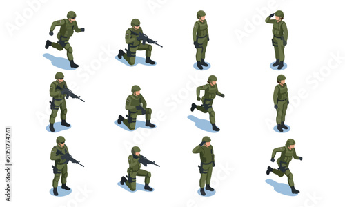 фотографія Isometric Soldier Character Set in Various Military Actions