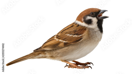 Bild auf Leinwand Eurasian Tree Sparrow bird with open beak and brown feathers