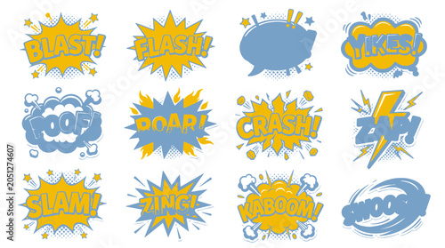 Yellow and blue comic book explosion bubbles set.