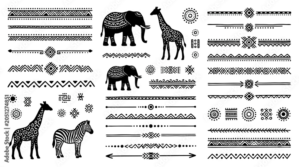 Obraz premium African animal silhouettes with tribal borders and decorative patterns
