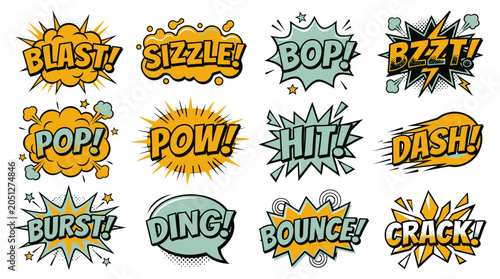 Yellow and green comic book speech bubbles set.