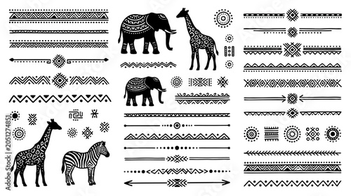 African animal silhouettes with tribal borders and decorative patterns