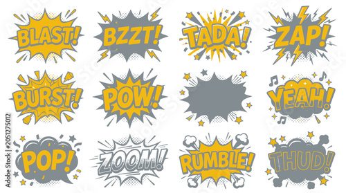 Yellow and grey comic sound effect speech bubbles set.