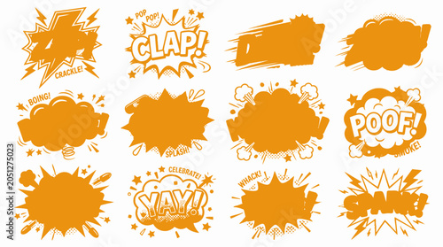 Yellow and orange comic burst clouds with simple silhouettes.
