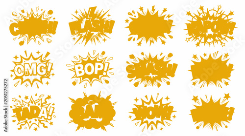 Yellow comic book explosion silhouettes and speech bubble shapes.